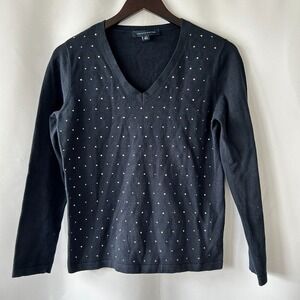 Tommy Hilfiger Women's Navy Blue Gold Studded Knit V-Neck Sweater Size Small
